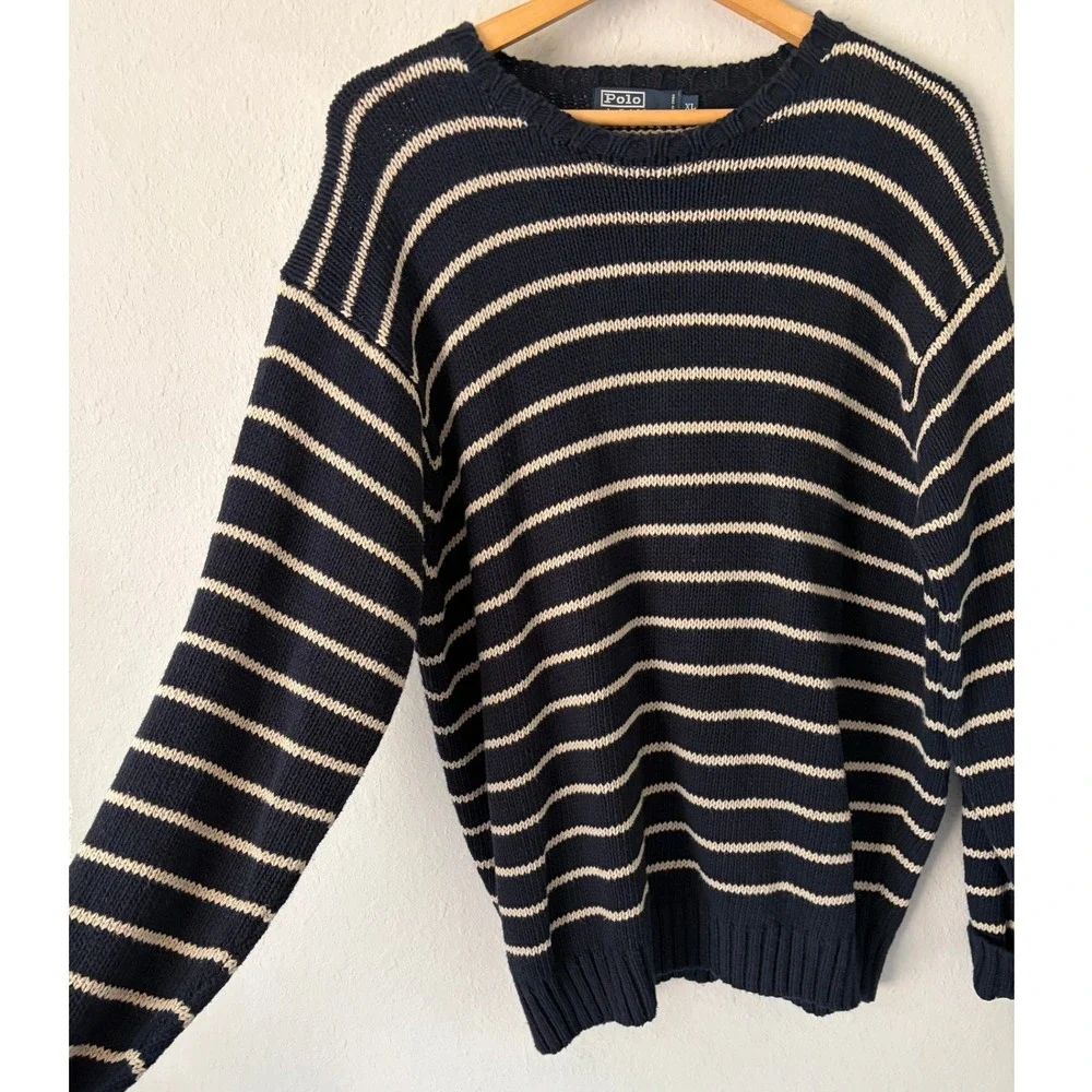 Vintage Polo Ralph Lauren Sweater Men XL Navy Stripe Linen Cotton Old Money 90s